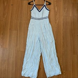 Blue Striped Embroidered Jumpsuit